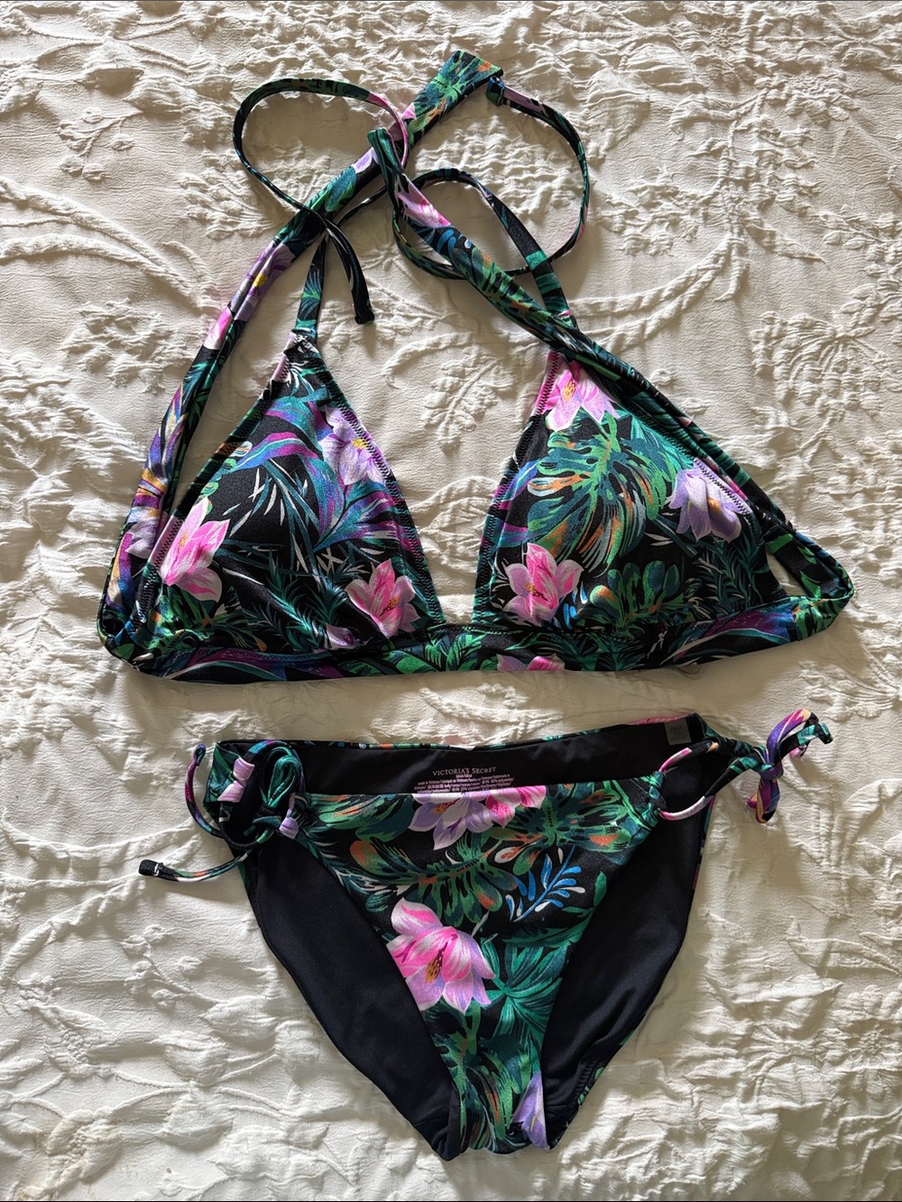 Victorias Secret Tropical Floral Two-Piece Bikini - Black with Pink & Green